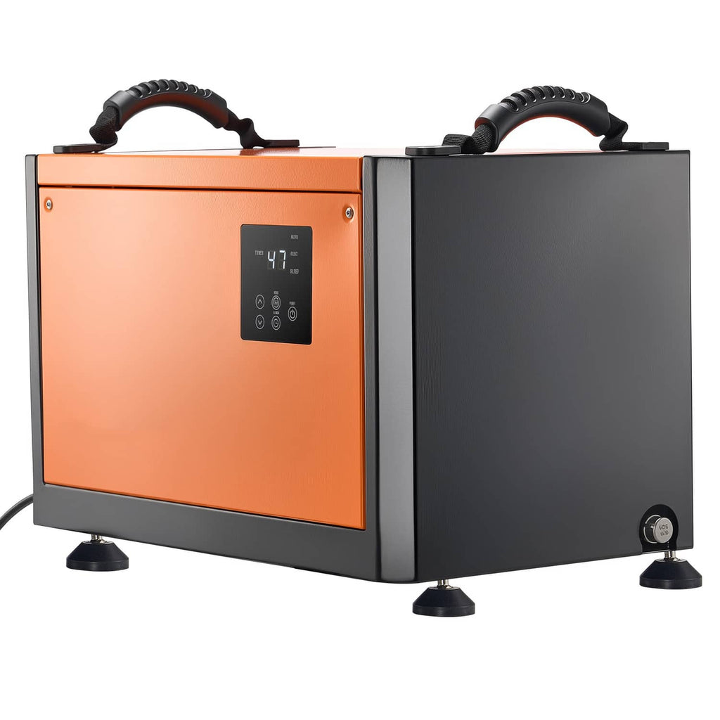 Commercial dehumidifier unit with top handles, orange front panel and gray body