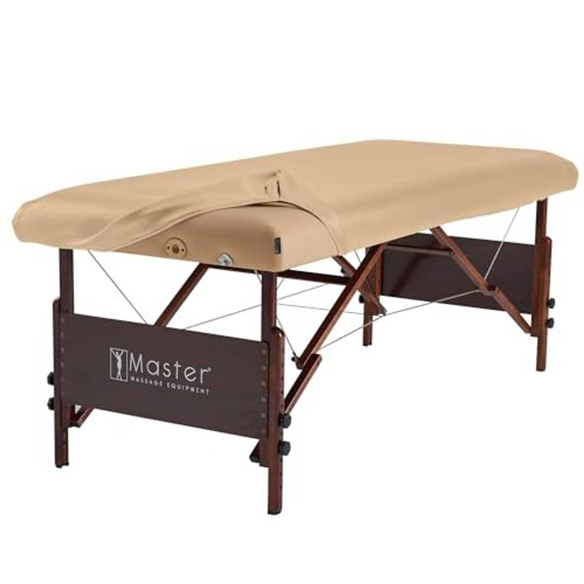 Rectangular fitted PU vinyl massage table cover on wooden legs, beige with control panel