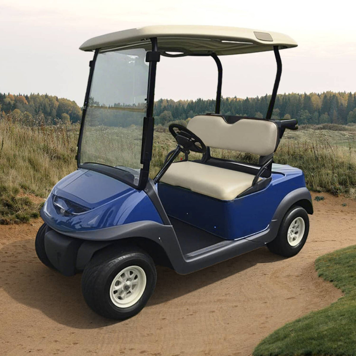 Light beige seat bottom cushion installed on a blue golf cart