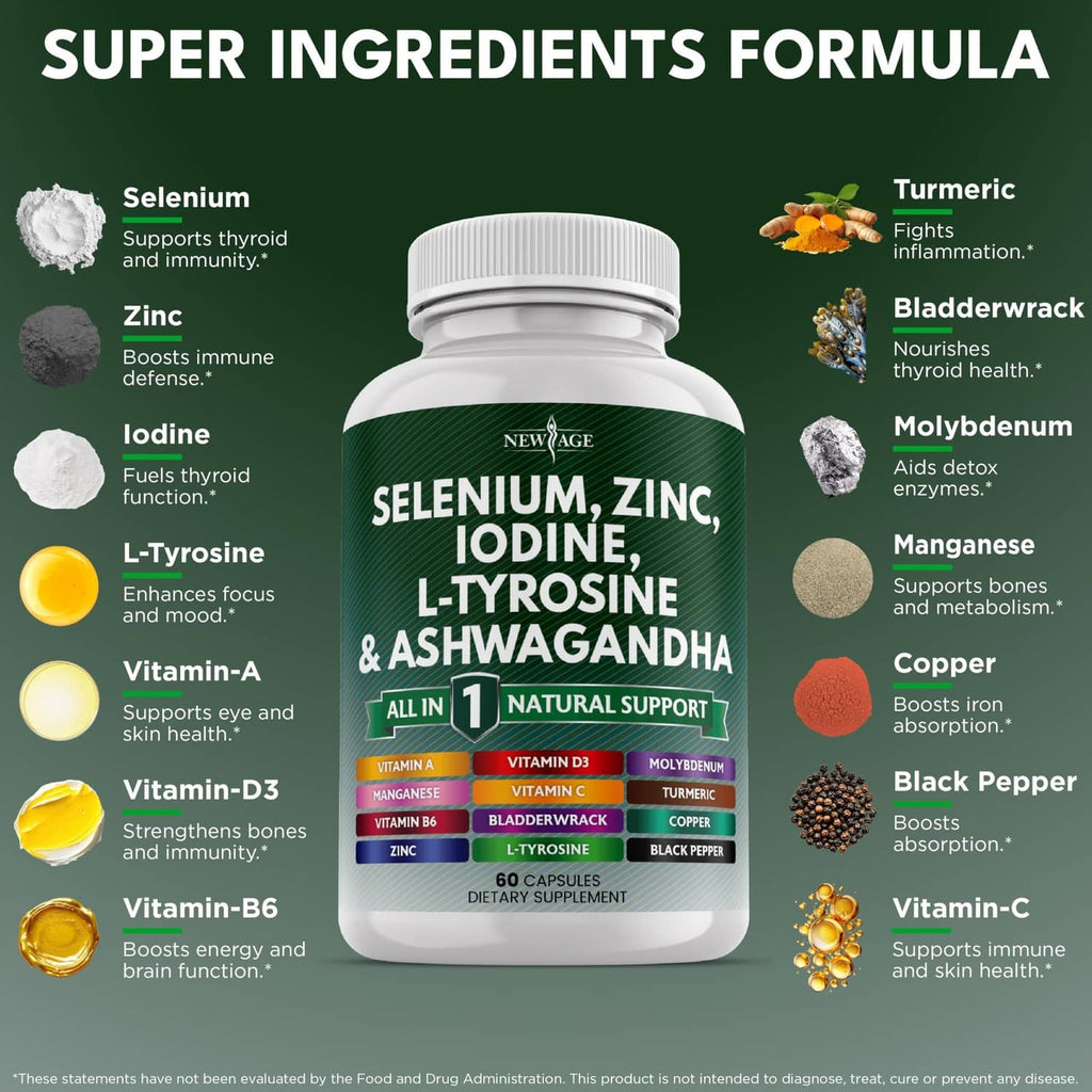 Selenium, zinc, iodine supplement bottle with ingredients chart on the label