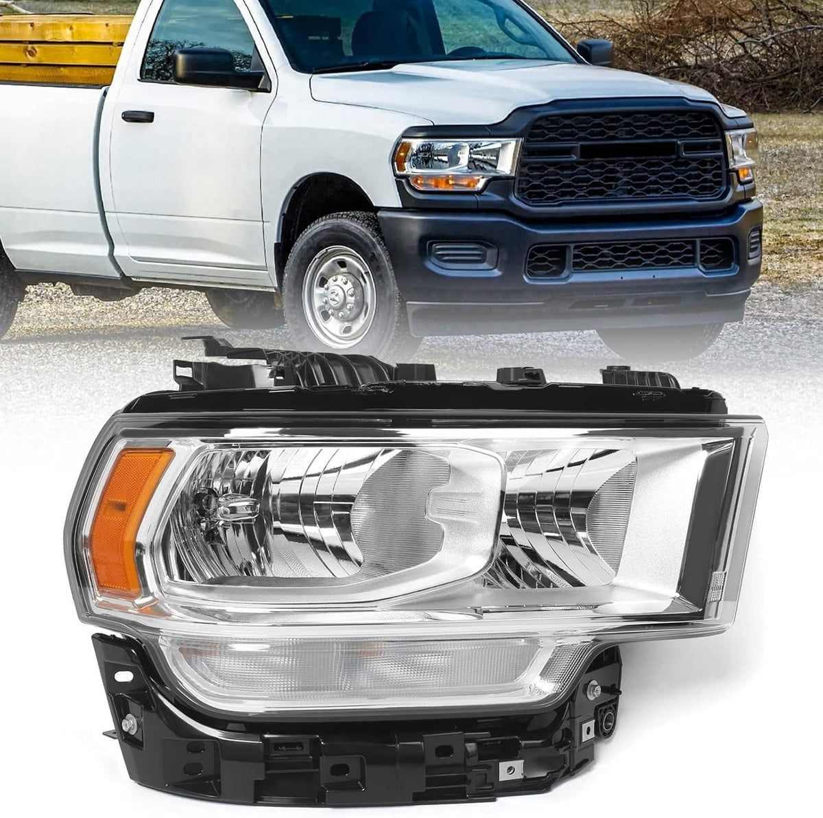 Right halogen chrome headlight assembly shown with an installed white pickup