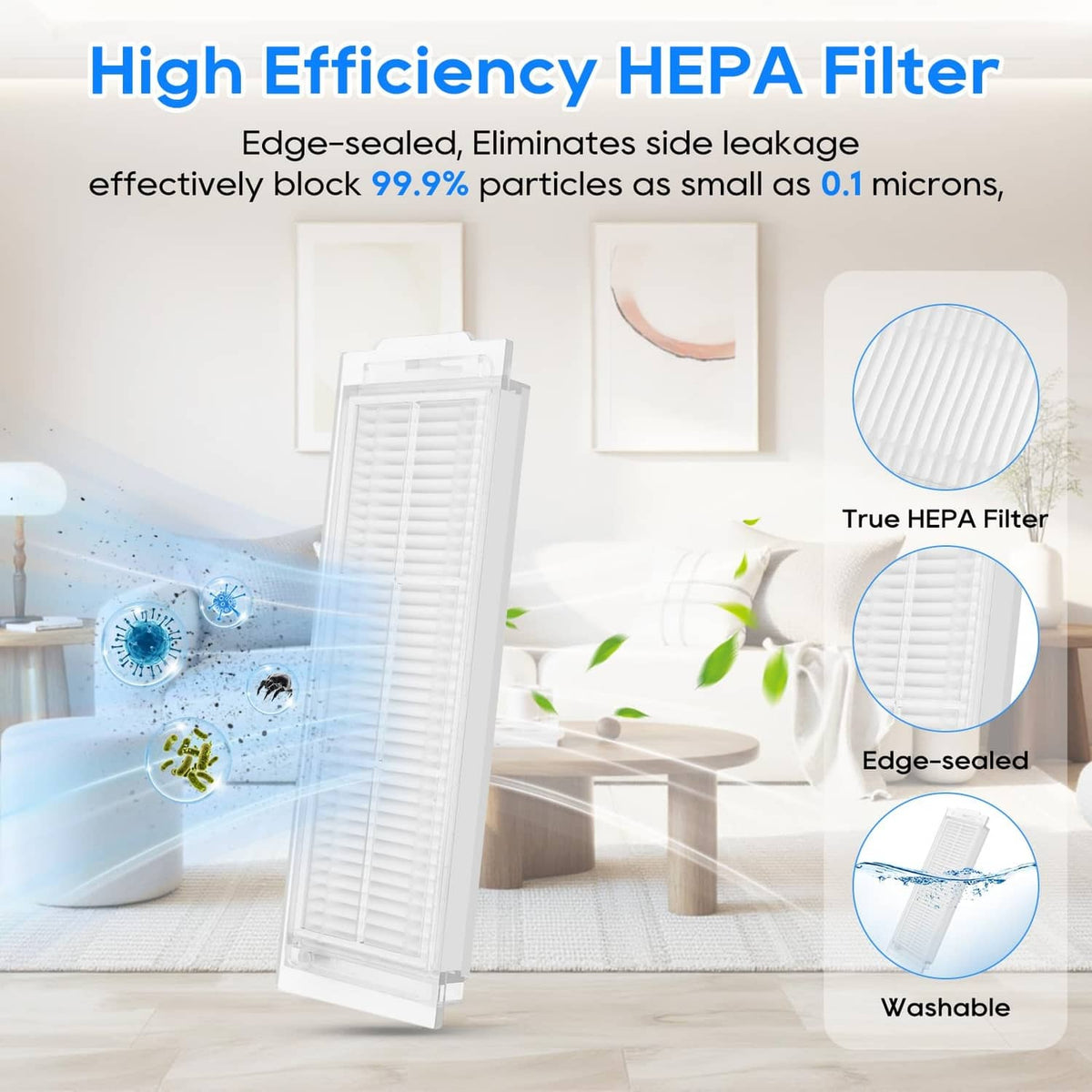 White HEPA replacement filter with edge-sealed pleats for robot vacuum dust filtration
