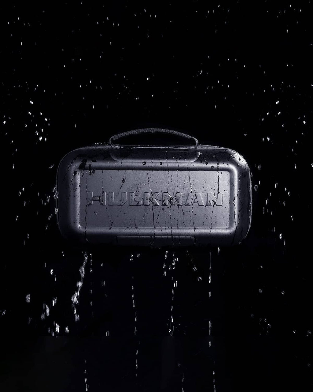 Black EVA protective case with HULKMAN logo and visible water droplets.