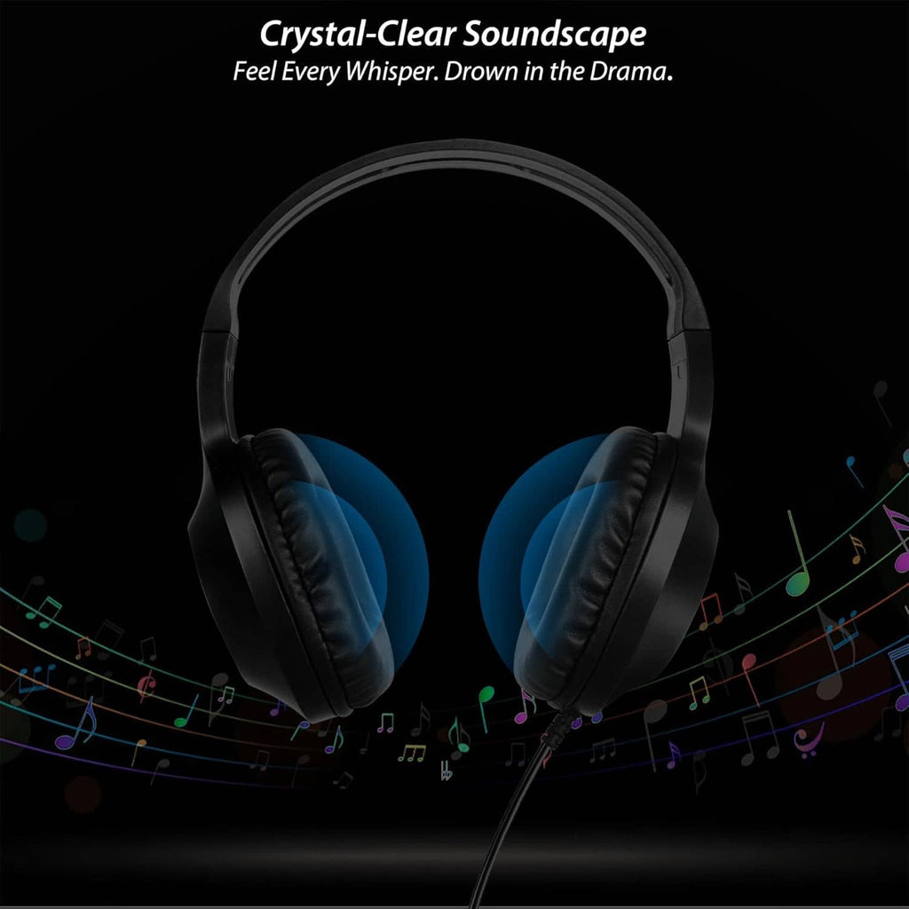 Black over-ear wired headphones with padded ear cups and adjustable headband