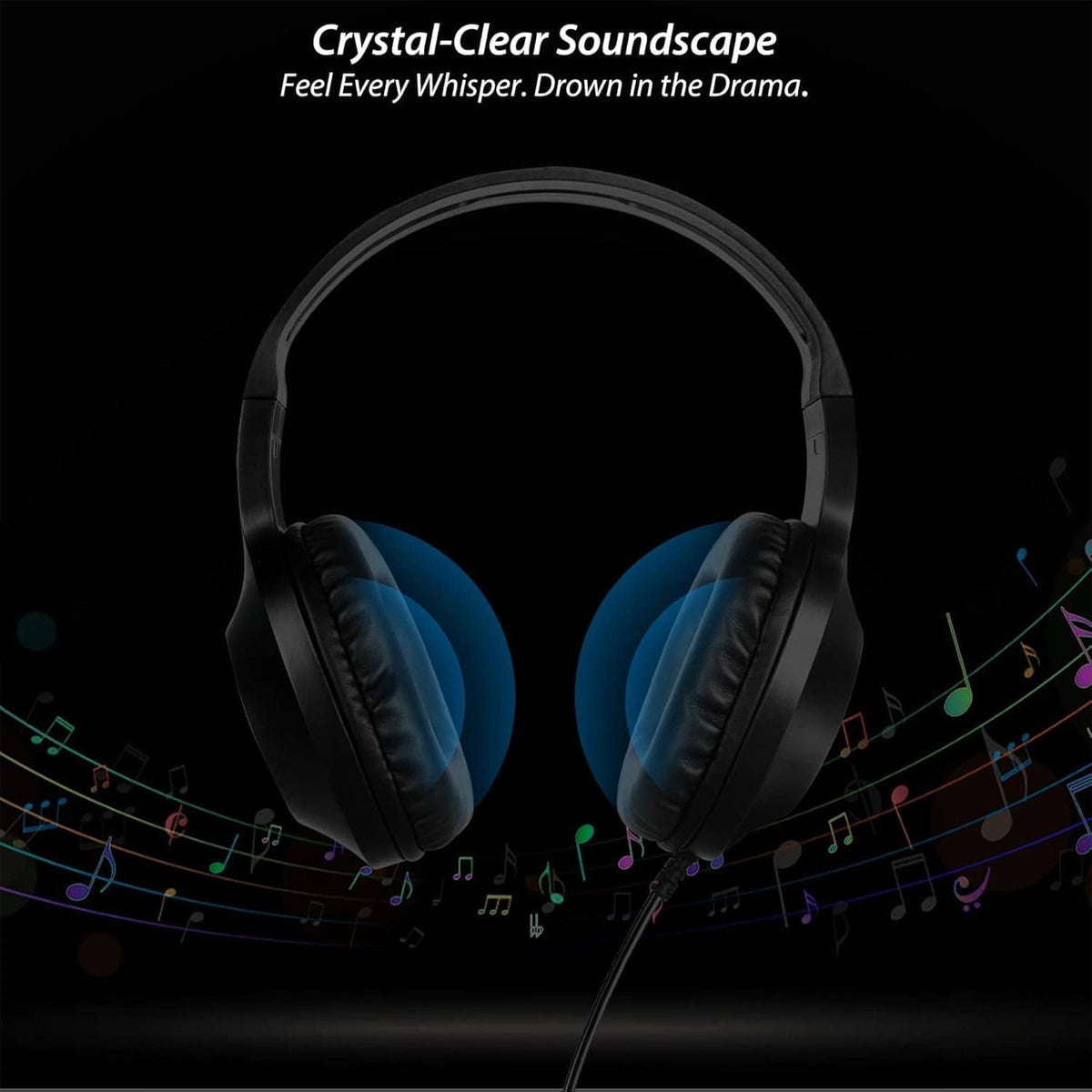 Black over-ear wired headphones with padded ear cups and adjustable headband