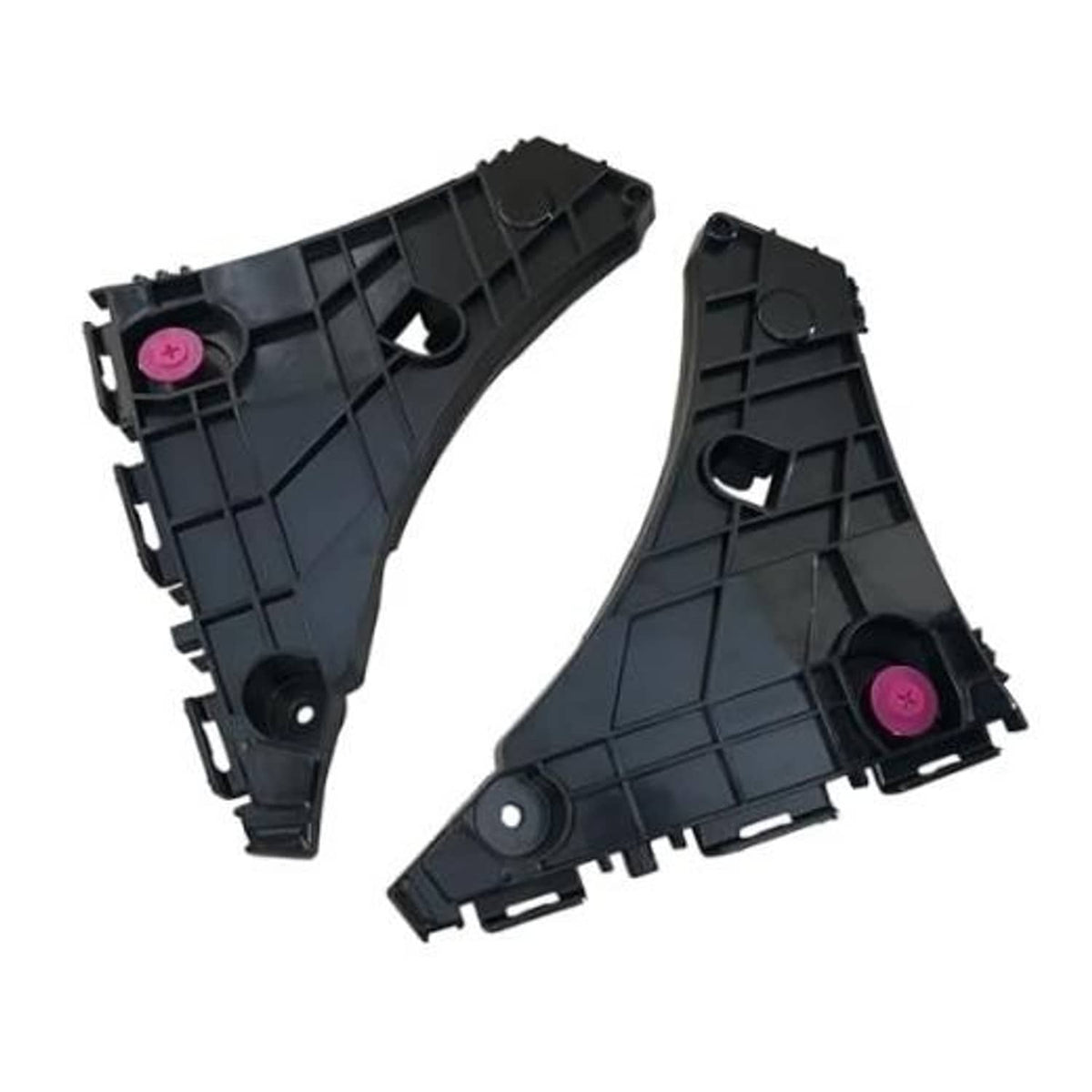 Set of black front bumper bracket mounting supports with pink retainers, left and right