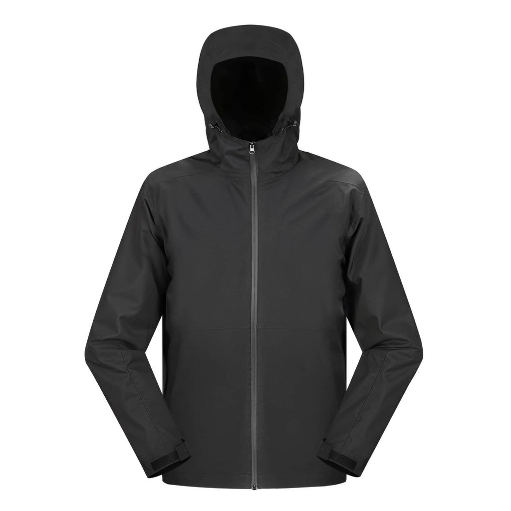 Black hooded heated men’s jacket with full front zipper and stand collar hood
