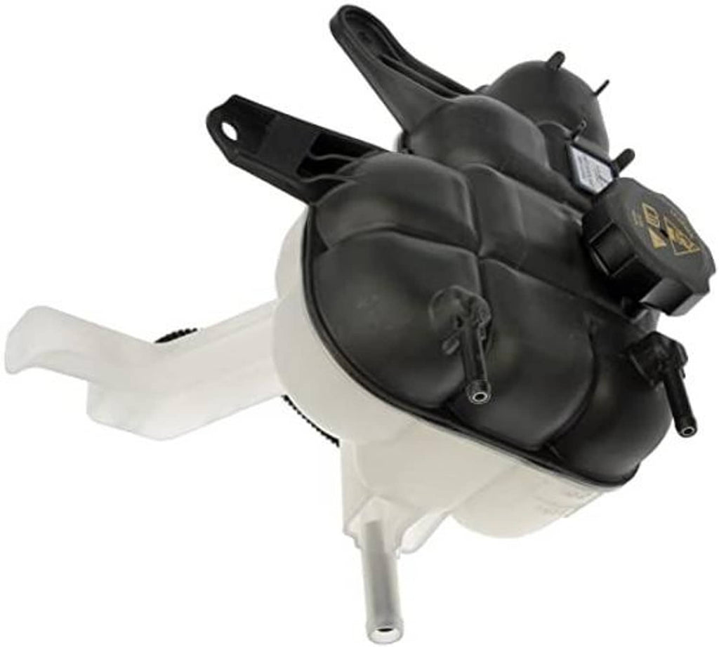 Black coolant reservoir with cap, large round housing, mounting tab, and clear outlet tube