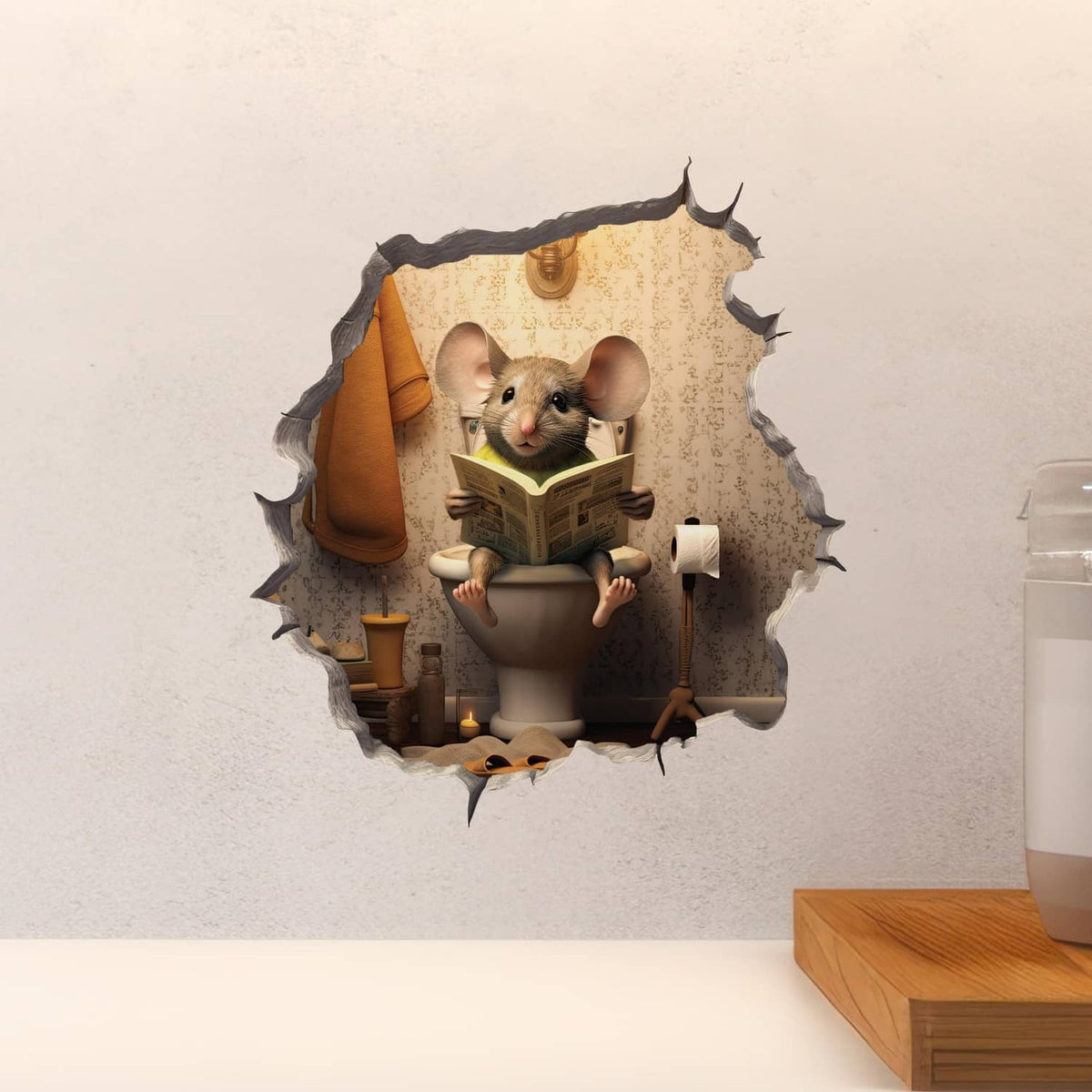 Mouse in toilet-hole decal sticker on wall with brown toilet scene and gray torn edges