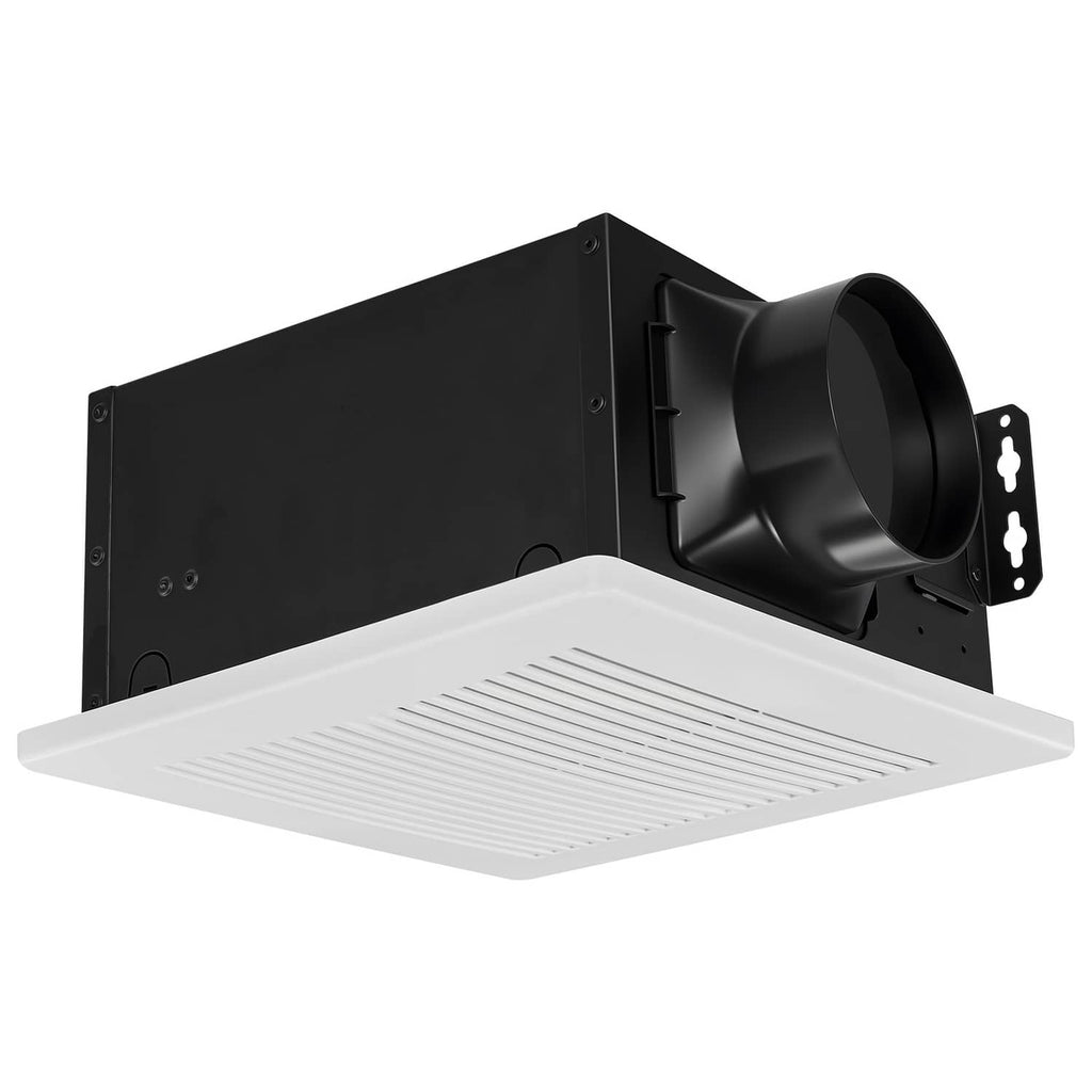 Bathroom ventilation fan with white grille and black blower housing, angled close-up