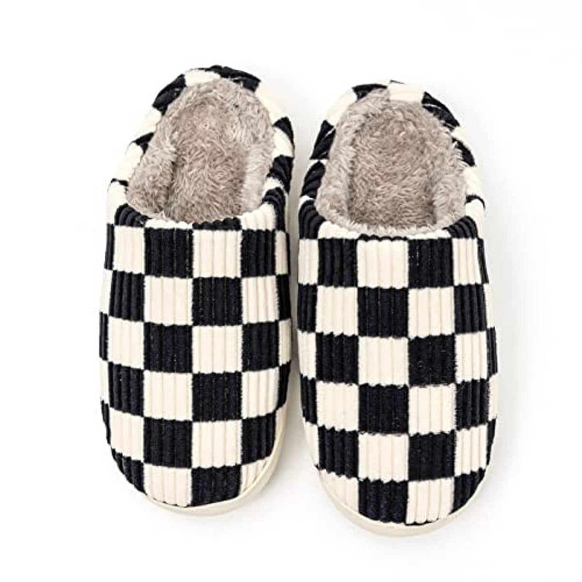 Black-and-cream striped plaid fuzzy house slippers with plush gray lining