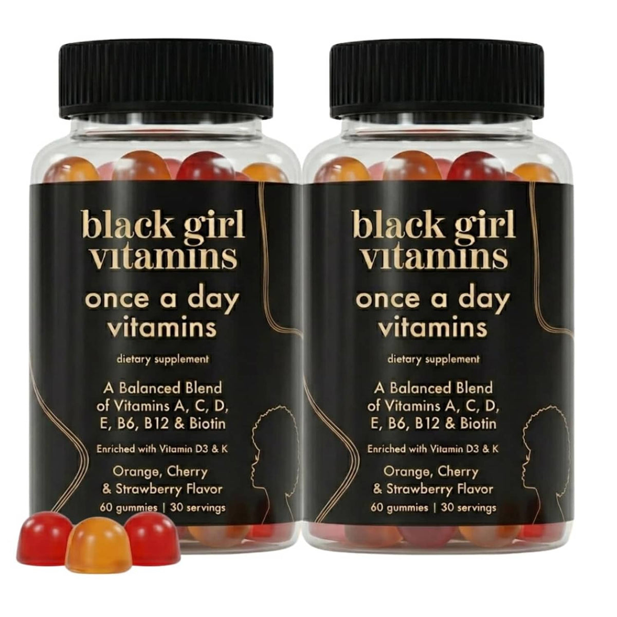 Black girl vitamins once a day gummy supplement bottles, dark label with mixed gummies