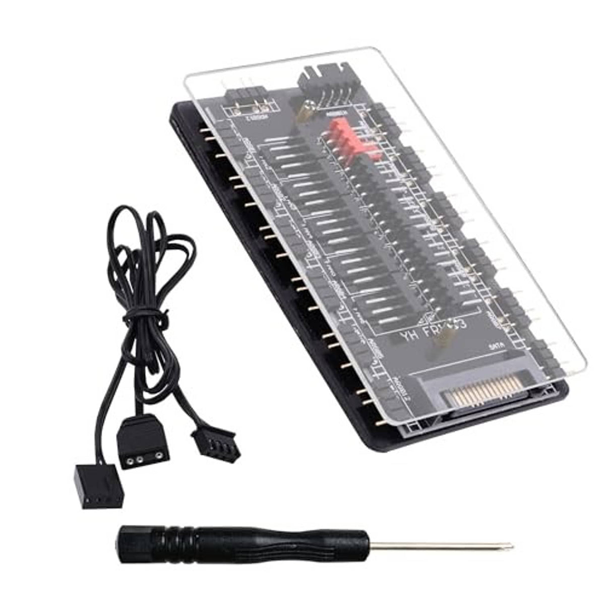 ARGB/PWM fan hub controller with clear top cover and multiple front pin headers