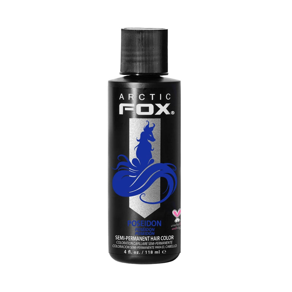 Arctic Fox Poseidon semi-permanent hair dye bottle, blue color liquid with black cap.