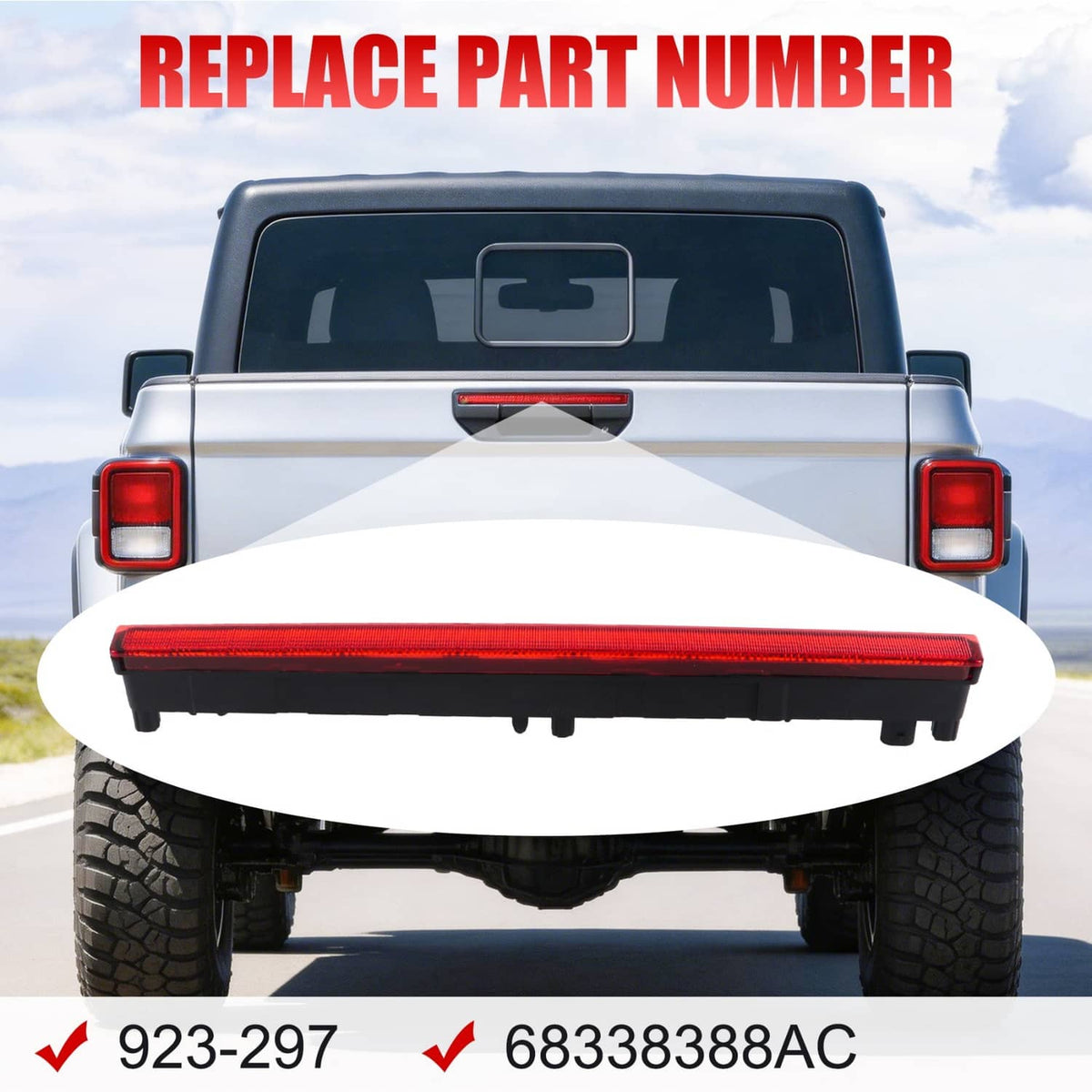 Rear view of red high-mount brake light bar with black housing and mounting points