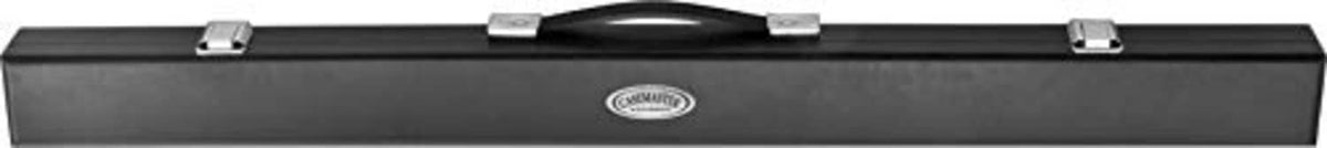 Black billiard cue hard case with curved handle and central logo