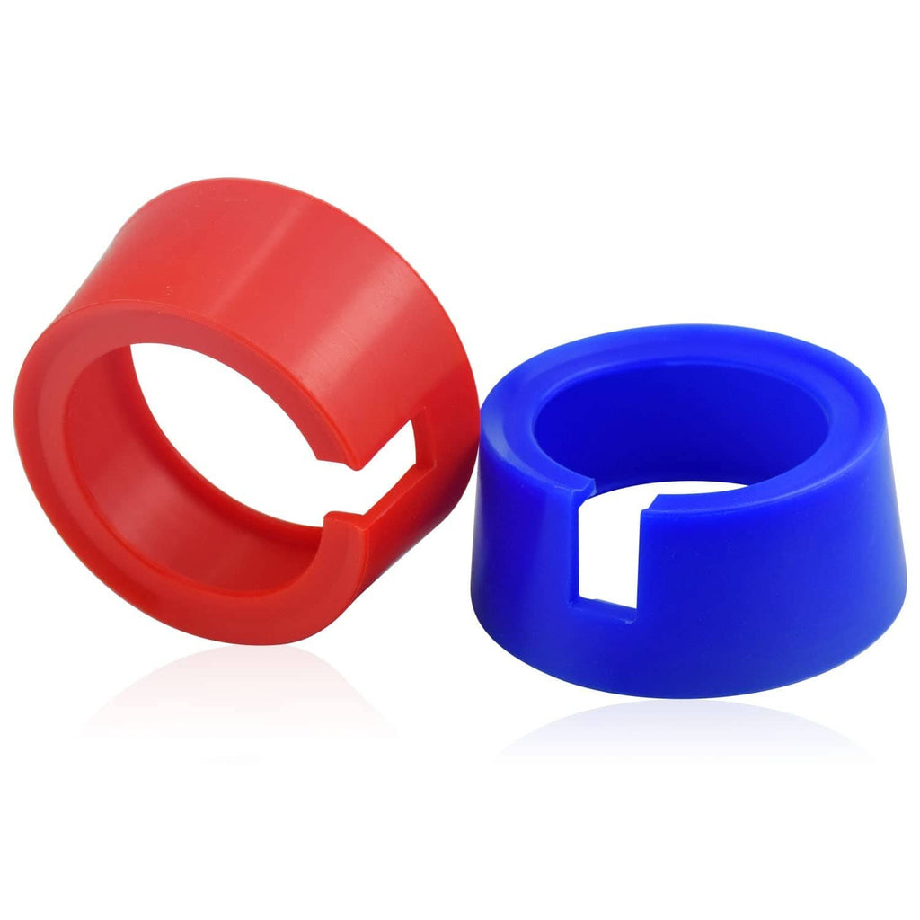 Red and blue rubber gauge boot covers with open centers and cutout handles