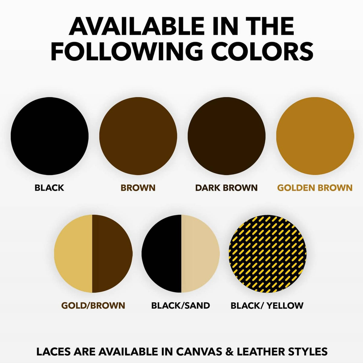 Color swatches for round outdoor shoelaces: black, brown, dark brown, golden brown