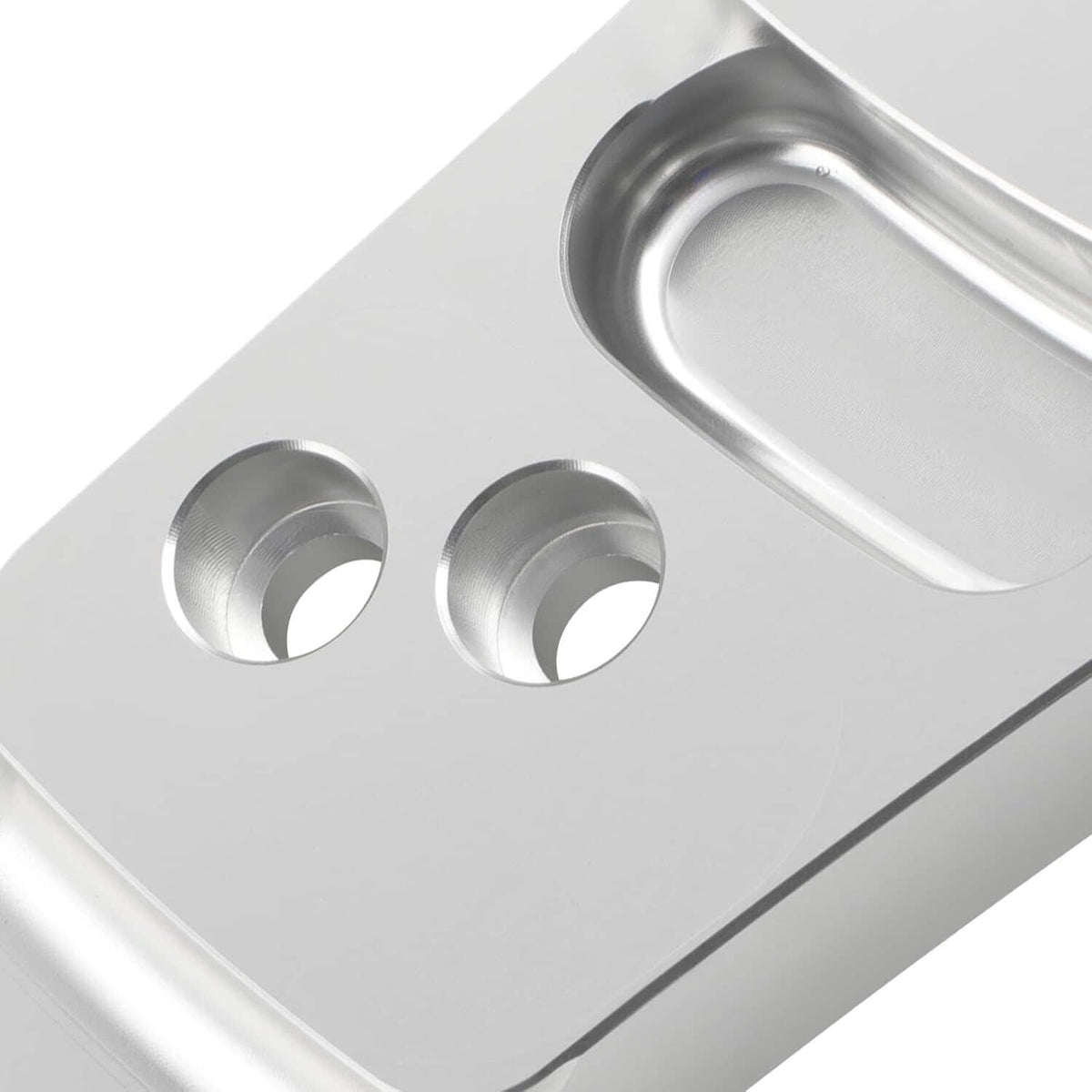 Metal engine motor mount bracket with two circular bushing mounts, silver finish