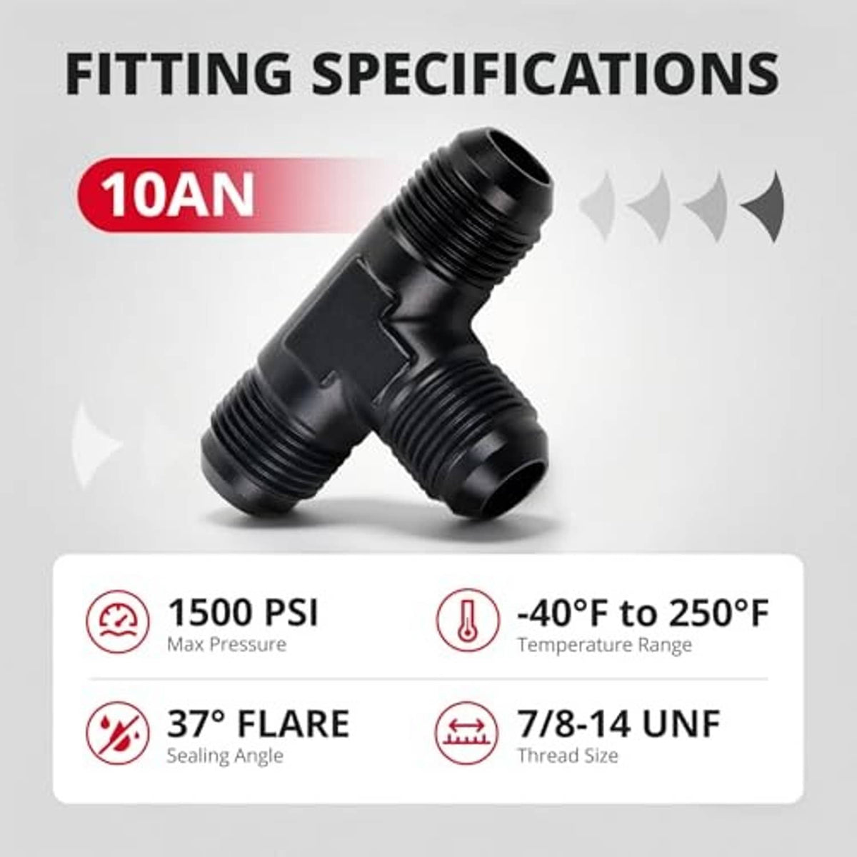 Black male 10AN flare T-union fitting, 3-way threaded adapter body