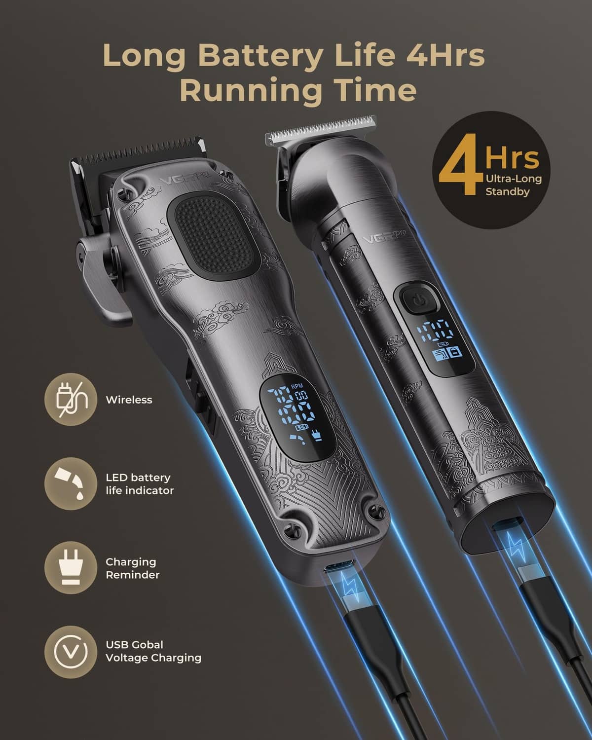 Cordless gray hair clipper with LED battery indicator and charging cord