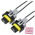Headlight connector pigtail harness with two grey sockets and yellow coil bands on black wires