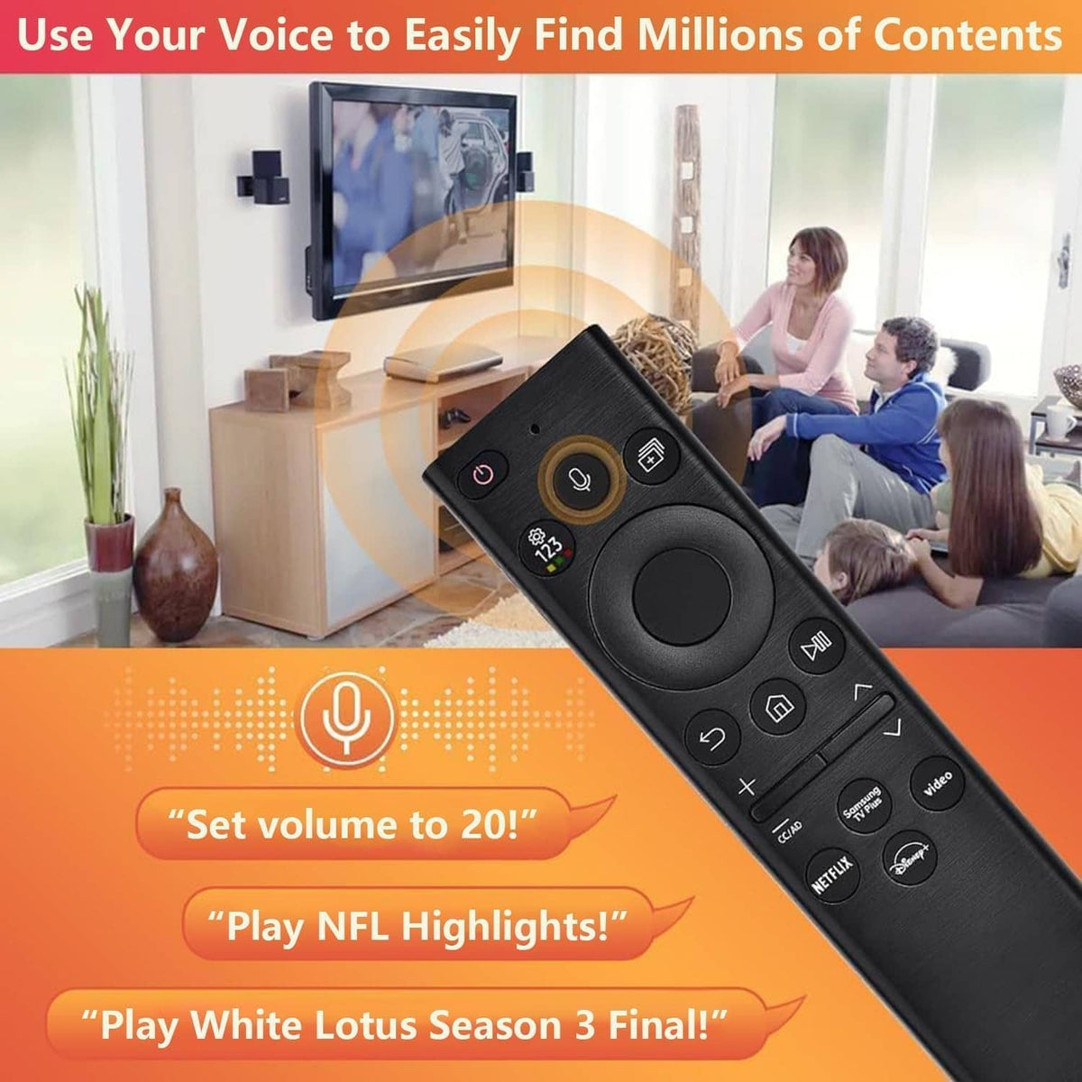 Angled black TV remote with circular navigation pad and voice control button