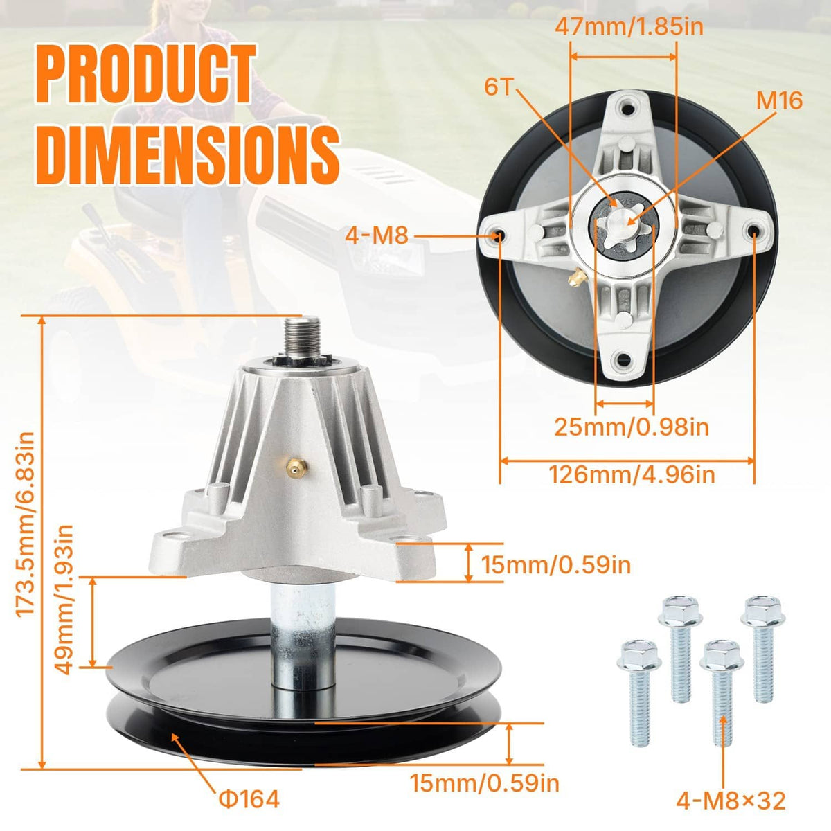 Spindle assembly with black pulley and bolt kit, shown with measurement diagram