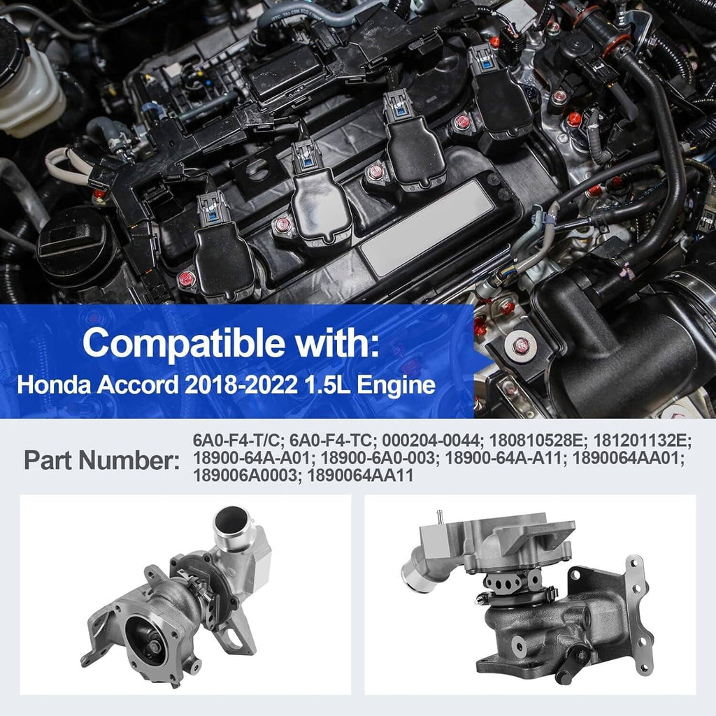 Turbocharger product listing with engine bay background and compatible turbo parts inset
