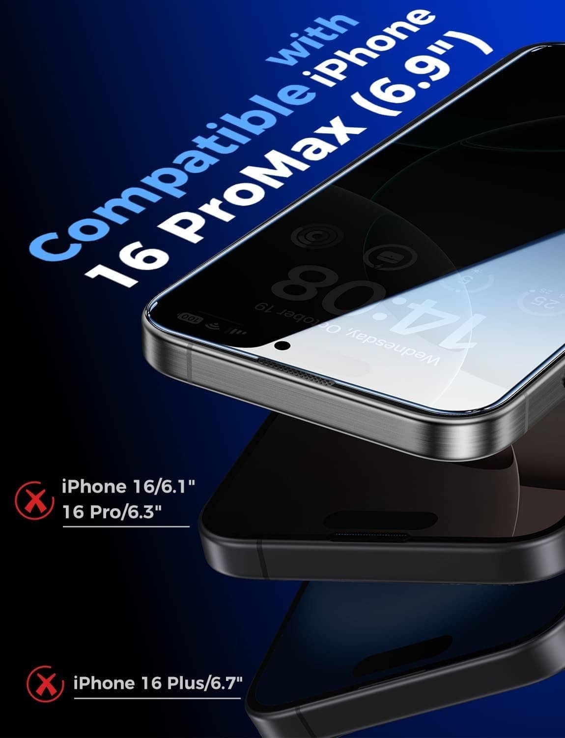 Tempered-glass privacy screen protector for iPhone 16 Pro Max, 6.9 in fit