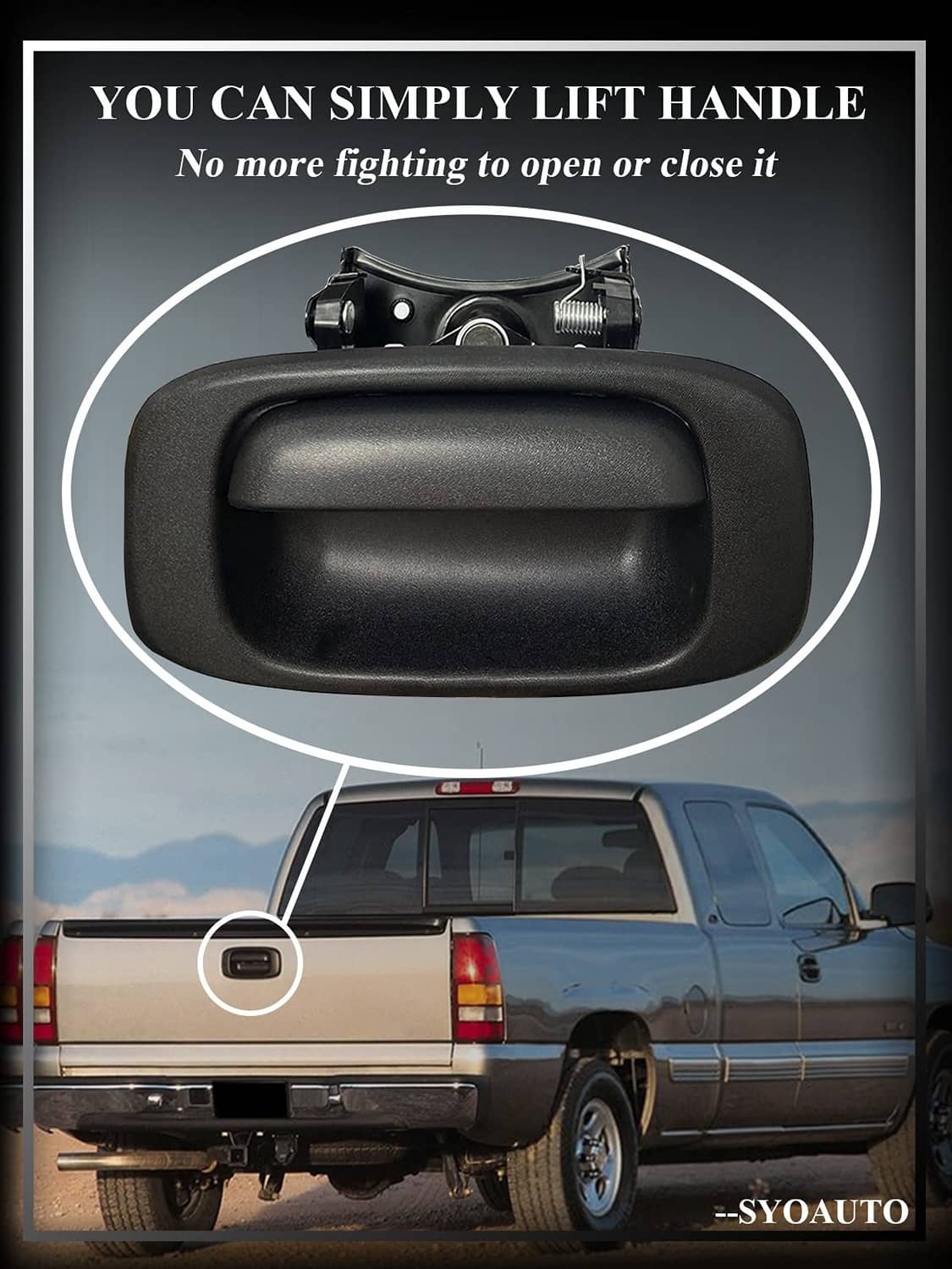 Black tailgate handle bezel trim with textured grip, installed on tailgate