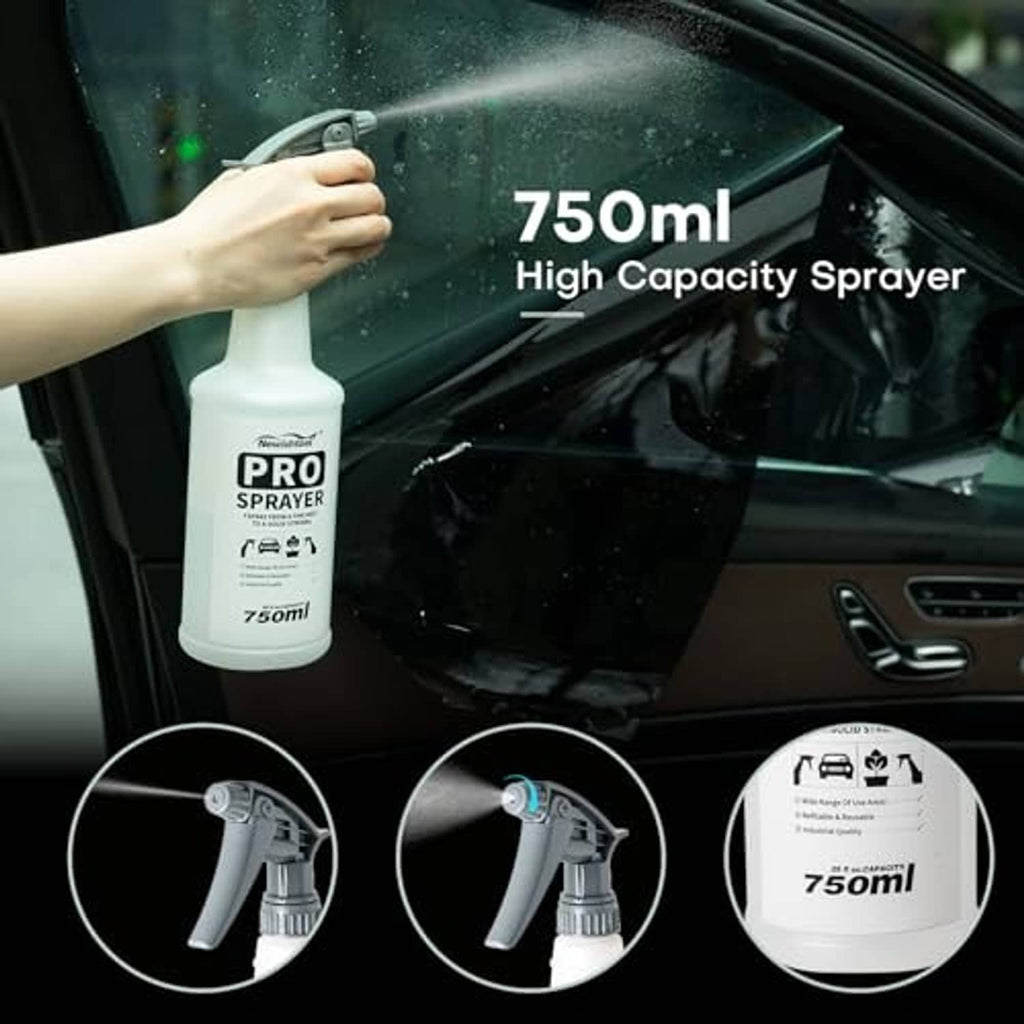 Car window high-capacity spray bottle in use, misting glass with hand