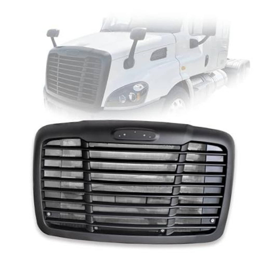 Black front grille with horizontal slats and a centered oval mounting panel