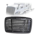 Black front grille with horizontal slats and a centered oval mounting panel