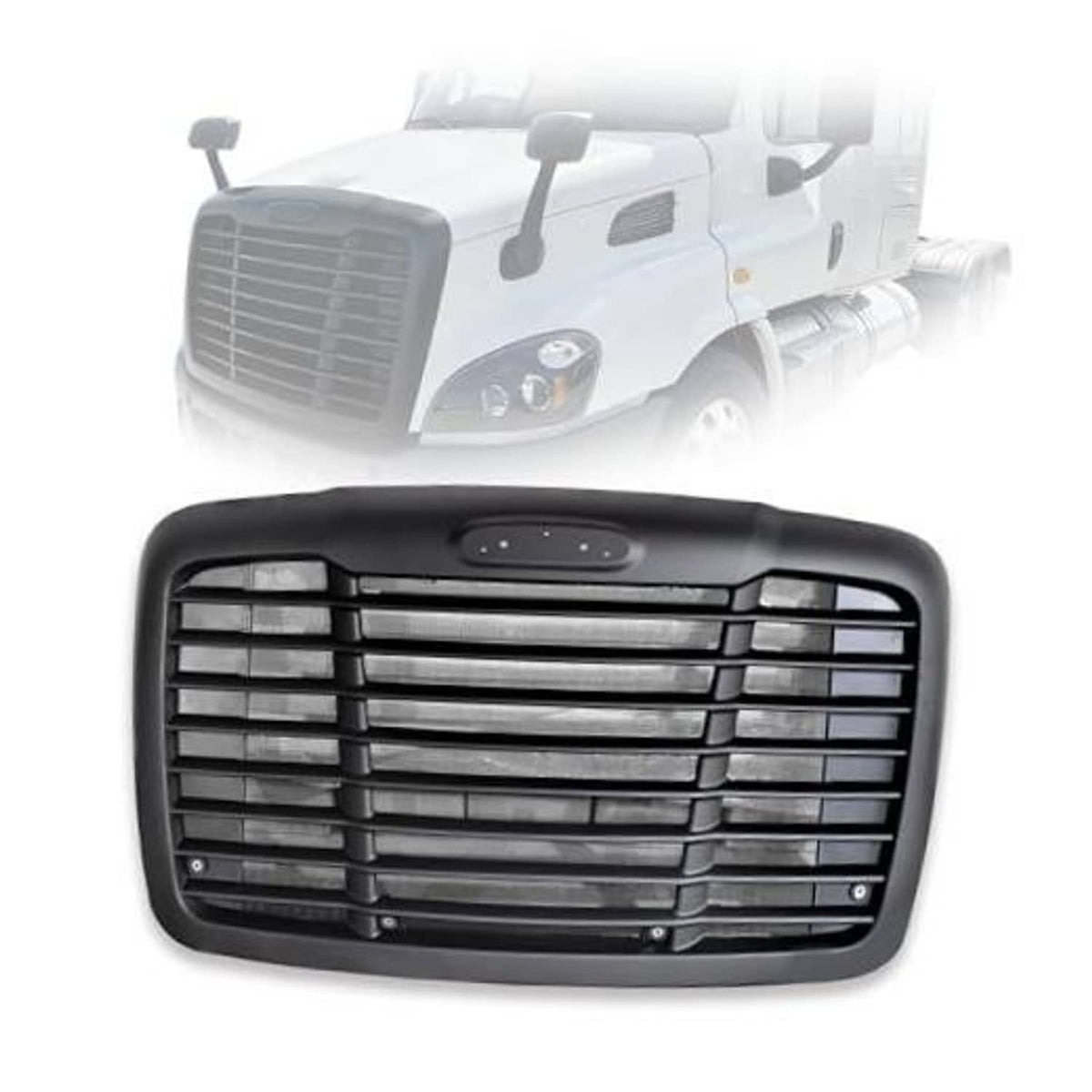 Black front grille with horizontal slats and a centered oval mounting panel