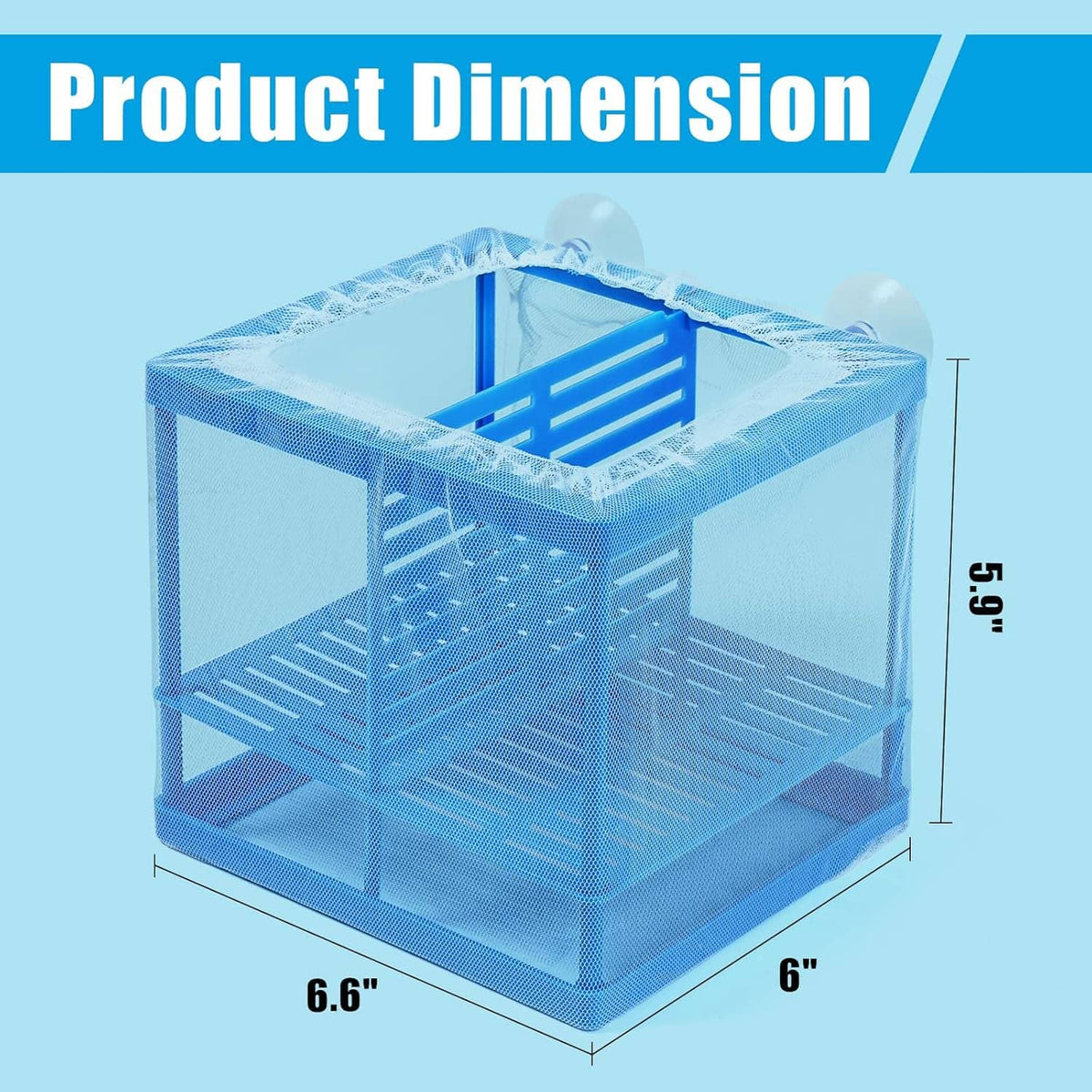 Blue mesh aquarium fry breeder with rectangular frame and inner grid platform