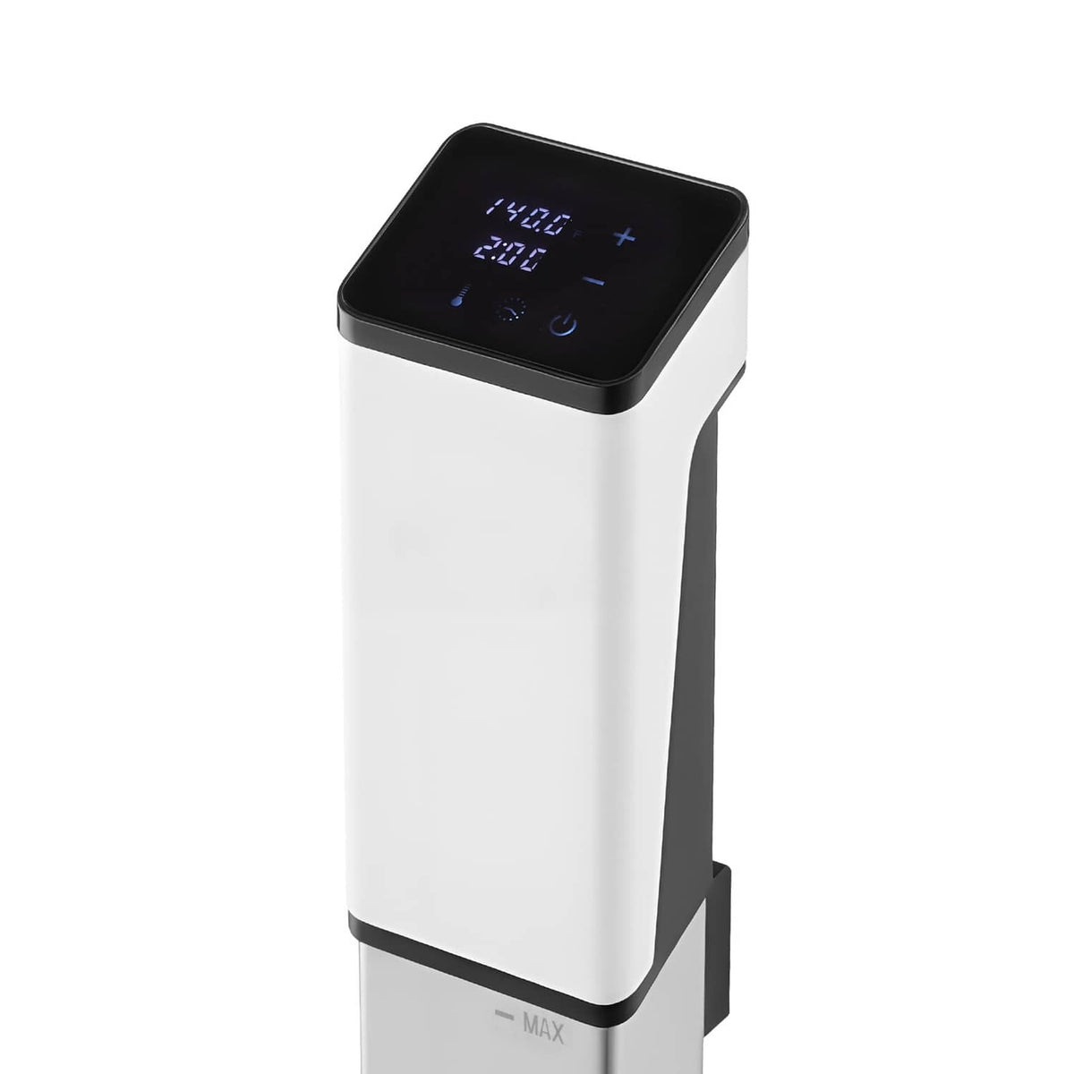 Sous vide immersion circulator with MAX line marking and blue LED screen