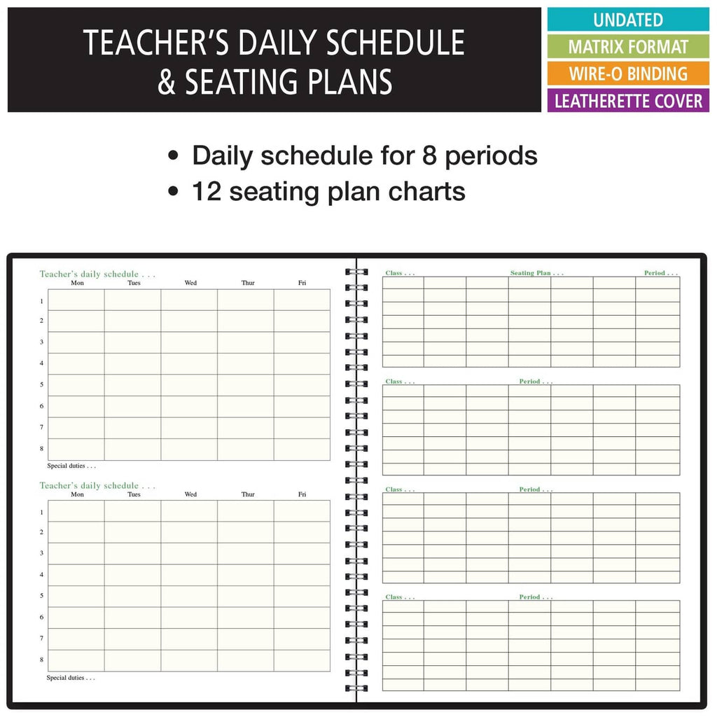 Open planner pages for teacher schedule and seating plans with chart grids