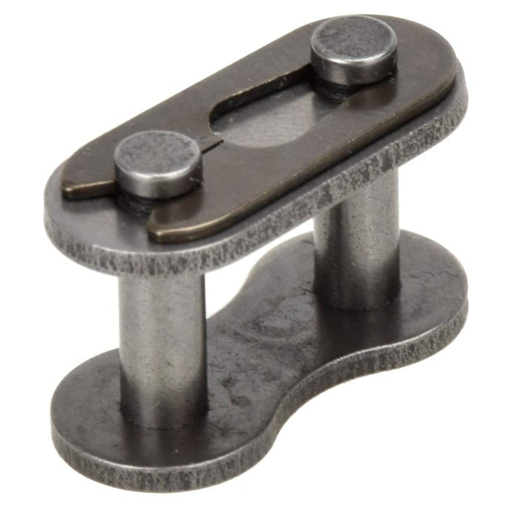Metal roller chain master link connector, angled view of top plate and pin posts