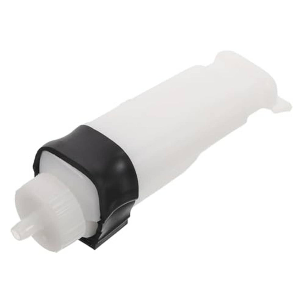 Coolant overflow bottle with translucent white reservoir, black collar, and outlet nipple