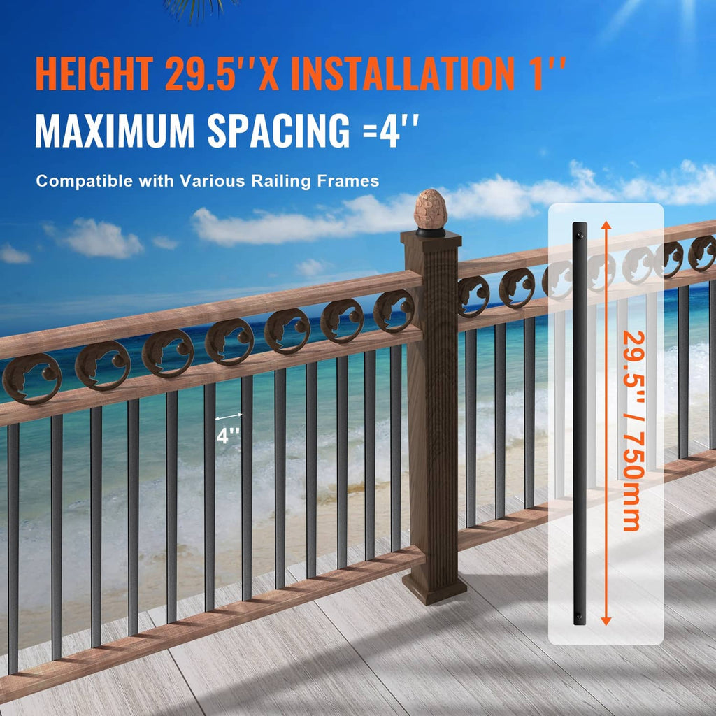 Matte black aluminum deck baluster railing posts with spacing and height reference