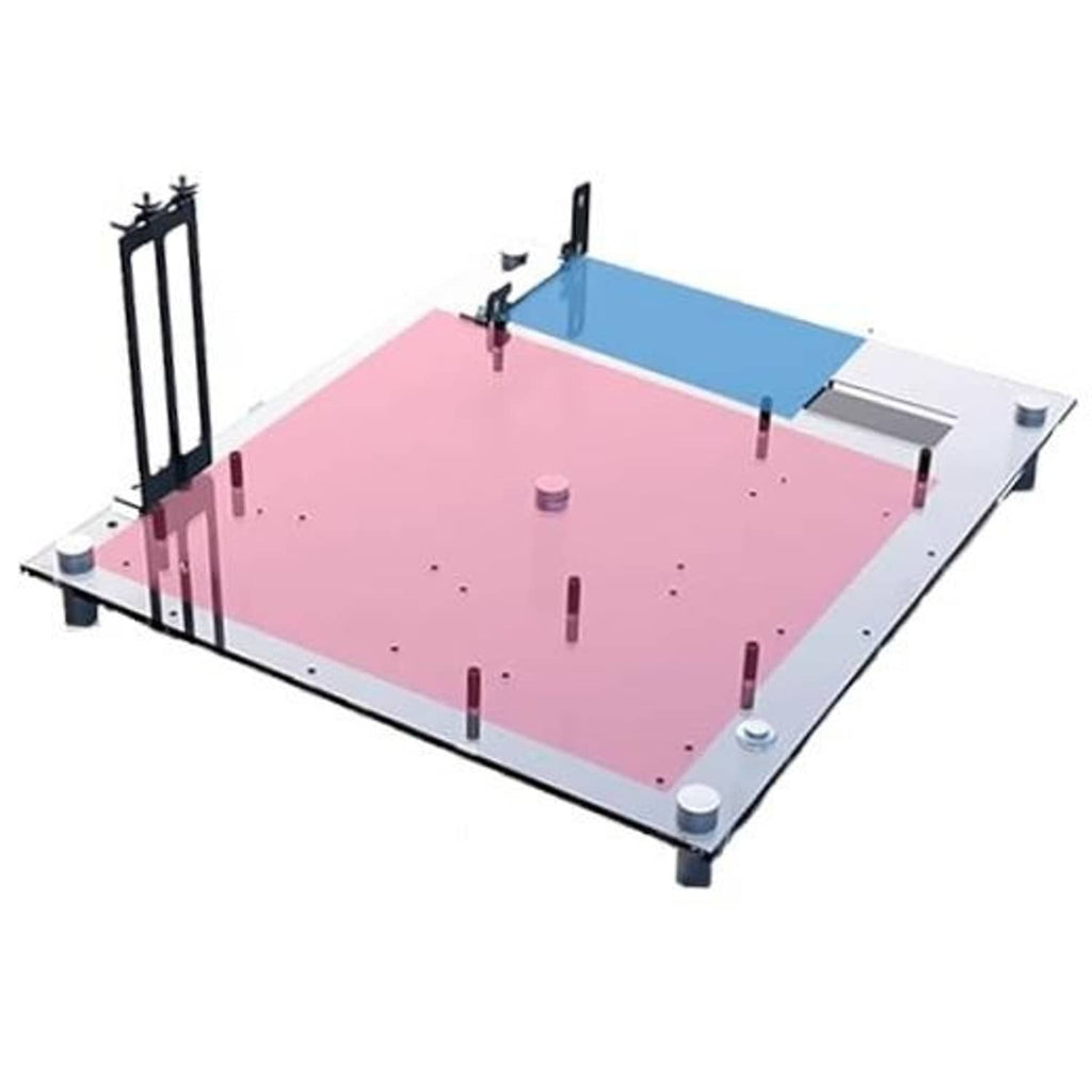 Open-frame PC test bench with pink base panel, blue ATX bracket, and black support stands