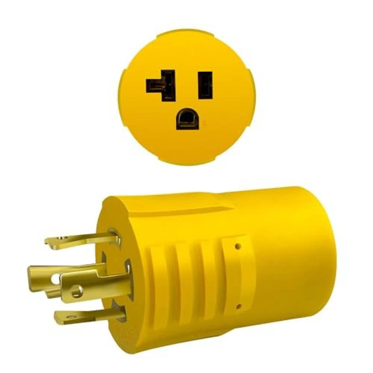NEMA locking adapter plug with prongs extended and yellow cylindrical body