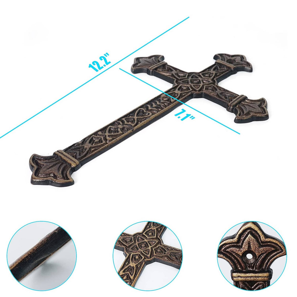 Antique metal cross wall art with ornate border and diamond center motif
