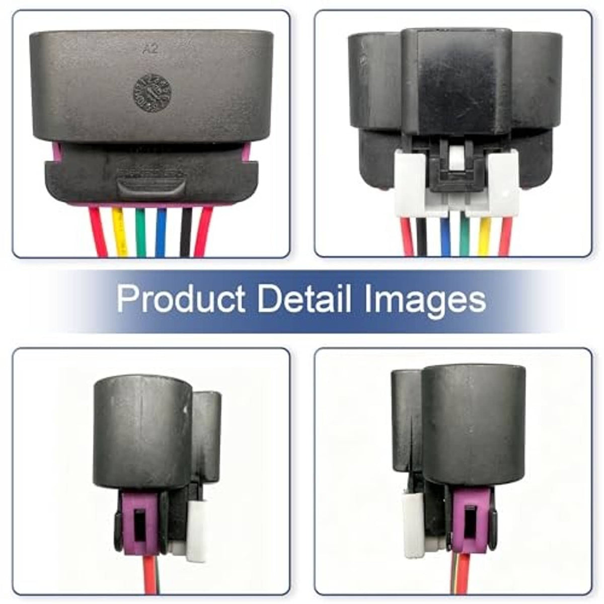Accelerator pedal sensor connector with pink plug and multicolor wires, side detail views