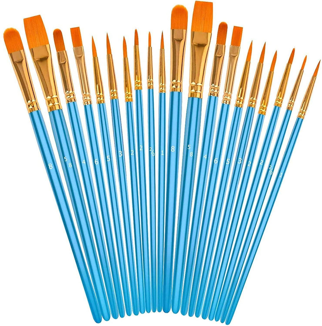 Fan of blue-handled acrylic paint brushes with gold ferrules and orange bristles