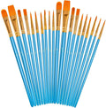 Fan of blue-handled acrylic paint brushes with gold ferrules and orange bristles