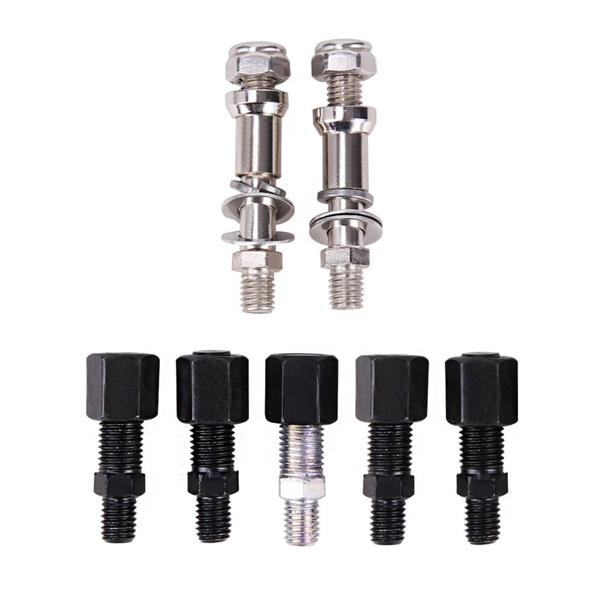 Set of chrome and black mounting bolts and threaded hardware for motorcycle mirrors