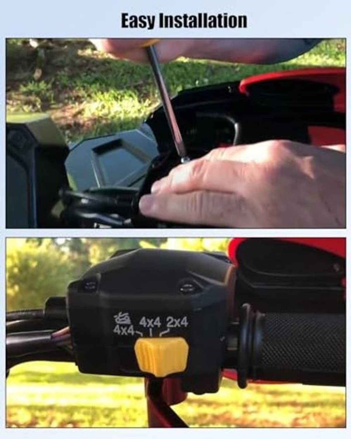 Close-up thumb throttle control lever assembly with yellow rocker on black housing