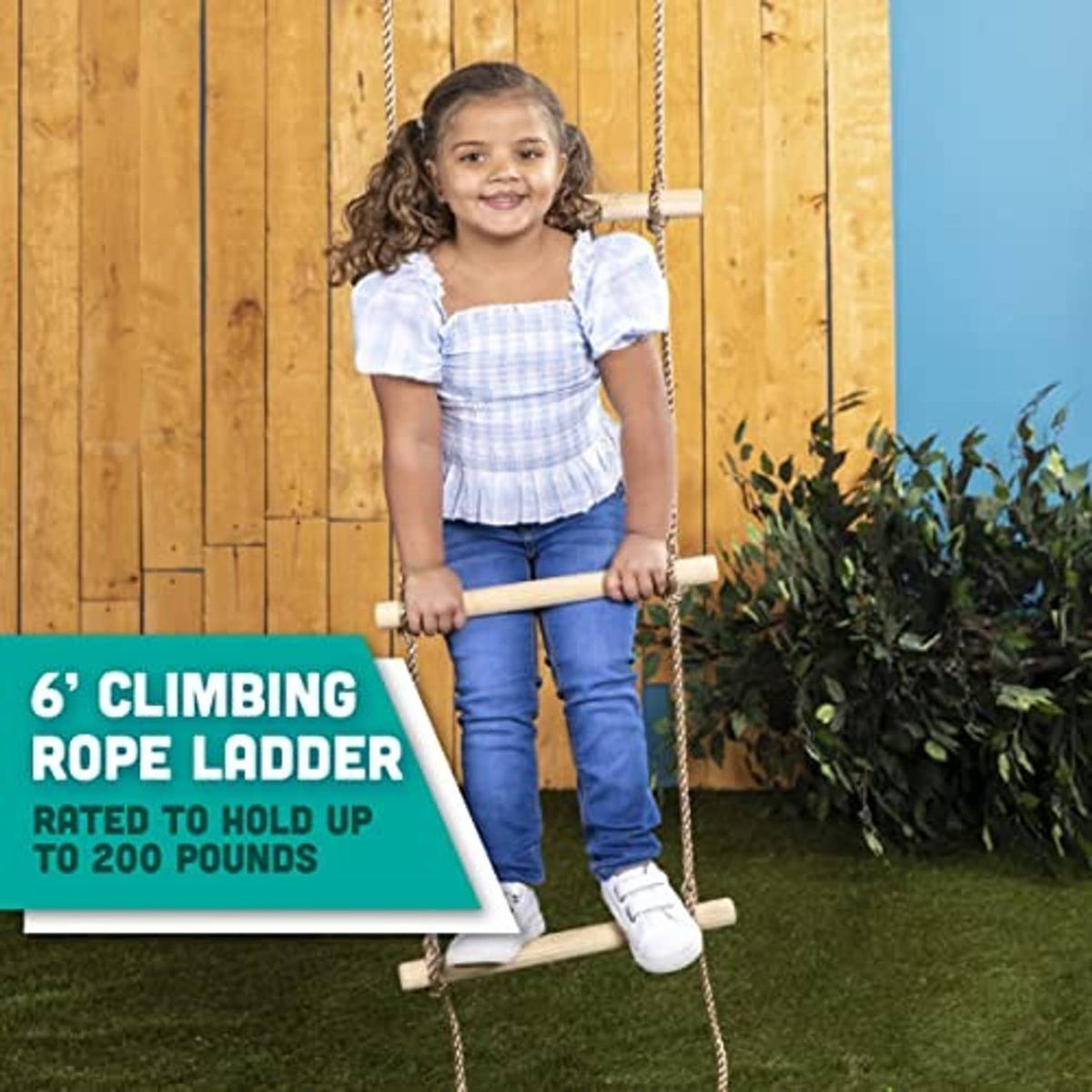 Kids rope ladder with wooden rungs, hanging ropes, and blue crossbar on play set